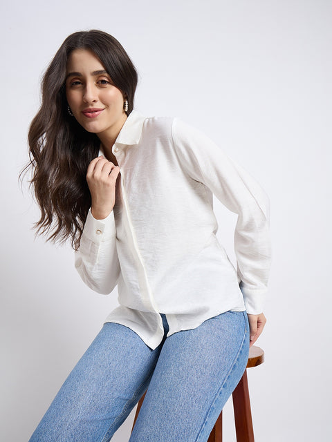 Madame White Viscose Nylon Solid Shirt
