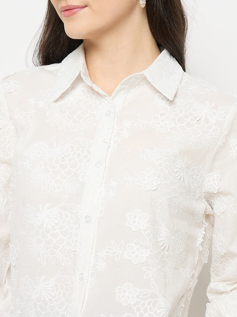Madame Floral Detailing White Cotton Shirt
