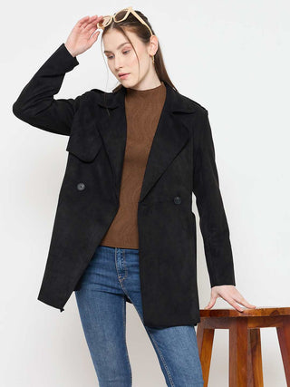 Madame Black Coat with Notched Lapel Collar and Belt