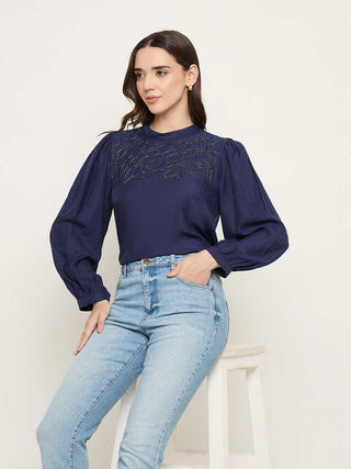 Madame Blue Rayon Blend Puff Sleeve Top