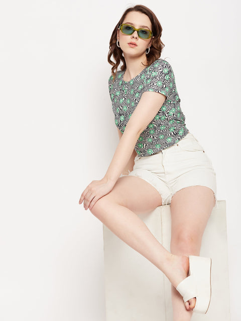 Madame Green Round Neck Floral Tshirt