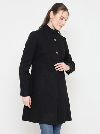 Madame Black Long Coat with Stand Collar and Buttons