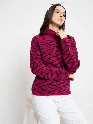 Madame Geometric Print High Neck Fuchsia Pink Sweater