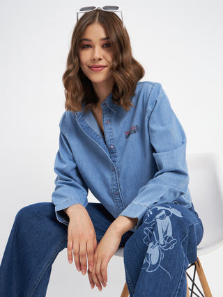 Madame Typography Print Collared Cotton Blue Shirt