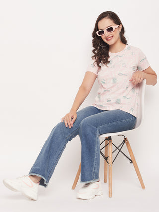 Madame Peach Round Neck Printed Cotton T-Shirt