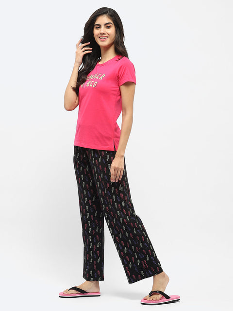 mSECRET Hot Pink T-shirt with Graphic Print Pajama and Shorts Nightsuit