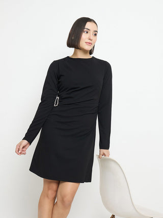 Madame Side Buckle Detail Black Mini Dress