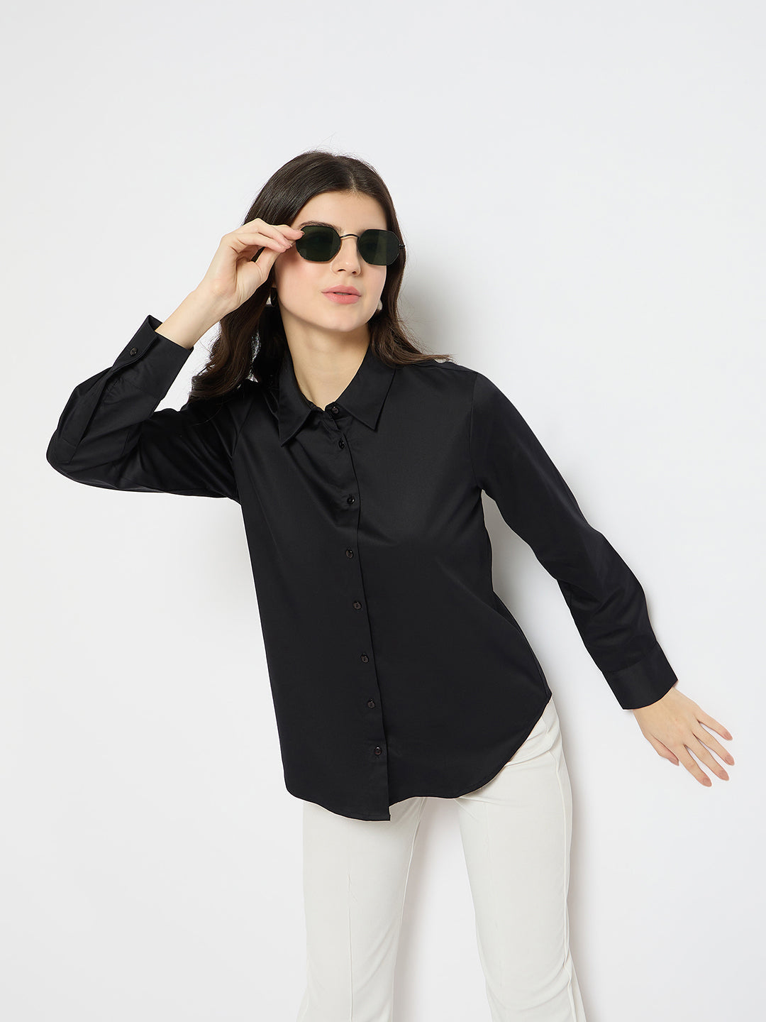 women's black dress shirt Madame Solid Black Cotton Blend Shirt