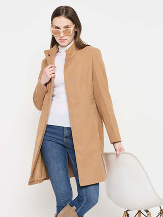Madame Stand Collar Beige Long Coat with Buttons
