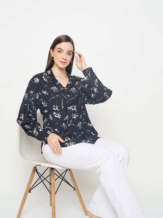Madame Floral Print Pintuck Detailed Black Shirt