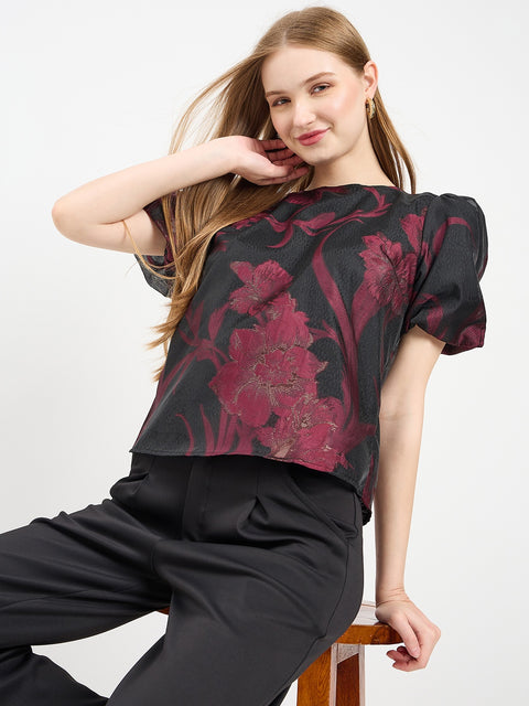 Madame Textured Burgundy Puff Sleeve Top