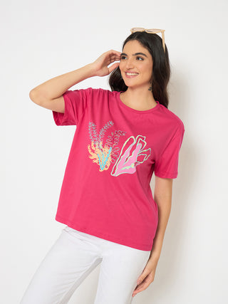 Madame Embroidered Hot Pink Cotton T-shirt