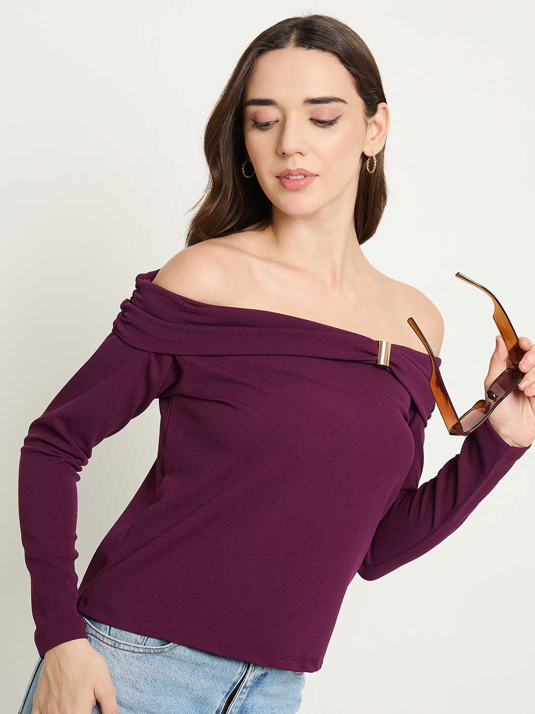 Madame Wine Red Ruched Off Shoulder Top color swatch