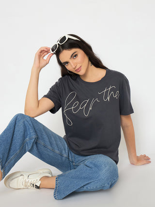 Madame Typography Print Charcoal Black Cotton T-shirt