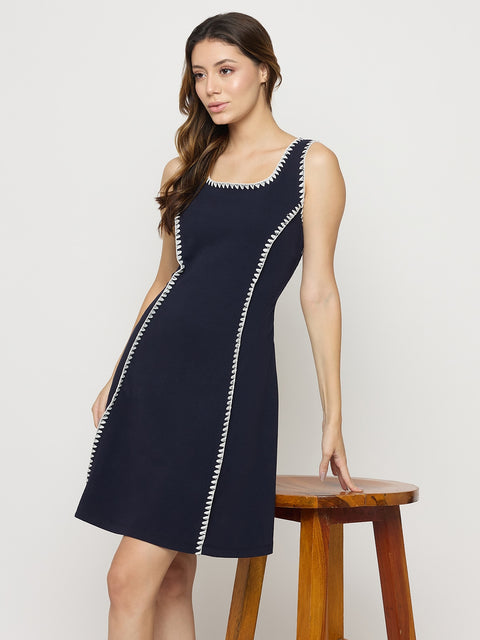 Madame Navy Rayon Blend Sleeveless Fit and Flare Mini Dress