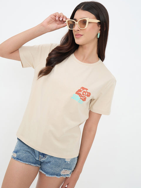 Madame Beige Cotton Printed Half-Sleeve T-Shirt