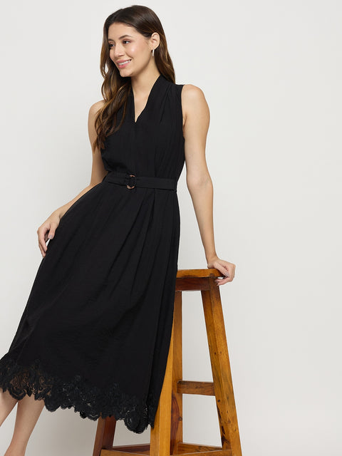 Madame Black Viscose Mandarin Collar Sleeveless Midi Dress