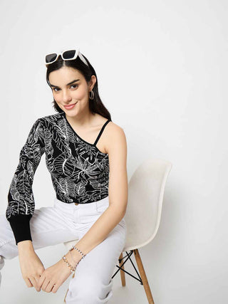 Madame Printed One Shoulder Black Knitted Top