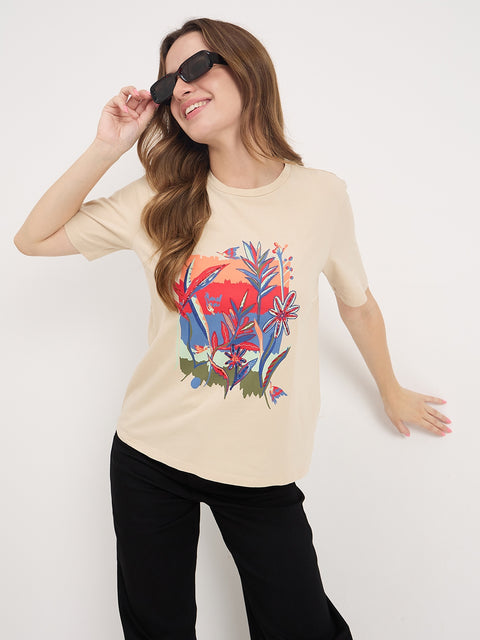 Madame Beige Graphic Print Cotton T-Shirt