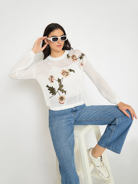 Madame Embroidered Semi Sheer Off White Knitted Top