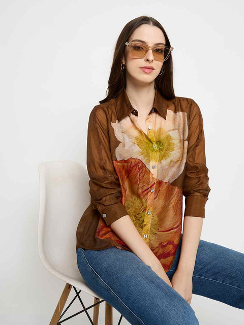 Madame Floral Print Tencel Blend Brown Shirt