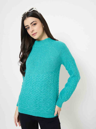 Madame Textured Mock Neck Peacock Green Acrylic Sweater
