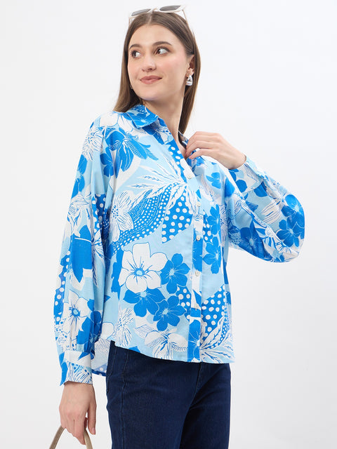 Madame Printed Blue Viscose Blend Shirt