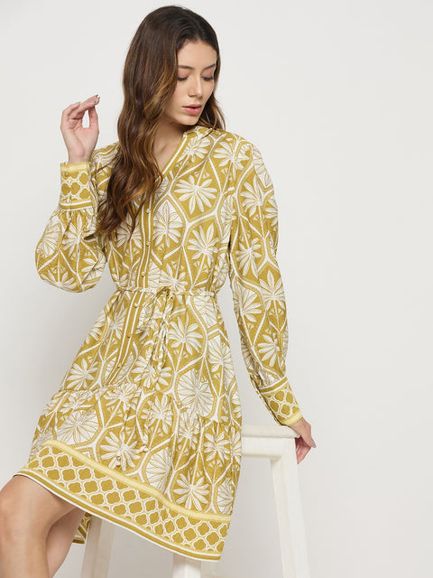 Madame Green Printed Rayon Mandarin Collar Midi Dress