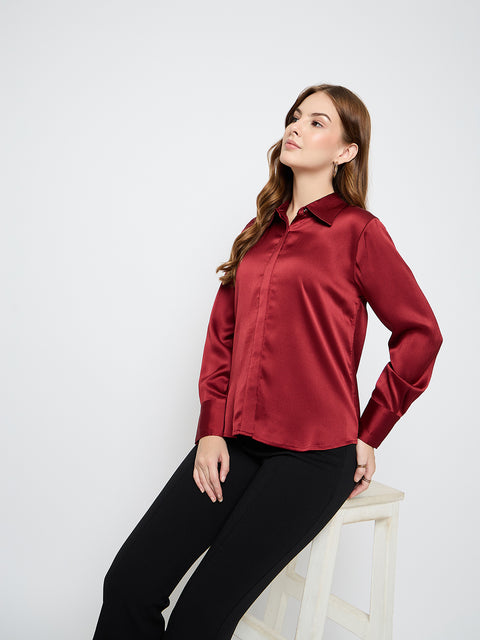 Madame Solid Red Satin Shirt