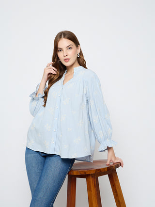 Madame Floral Print Cotton Blend Powder Blue Top