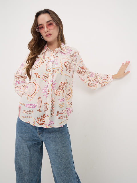 Madame Off White Printed Rayon Full Sleeve Shirt