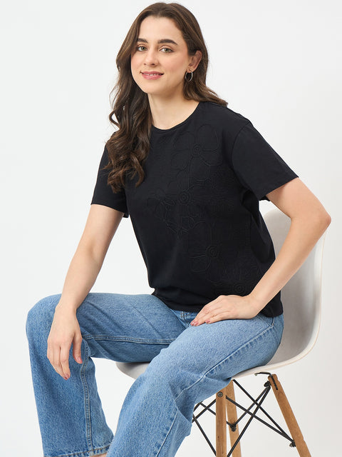 Madame Black Cotton Half-Sleeve T-Shirt