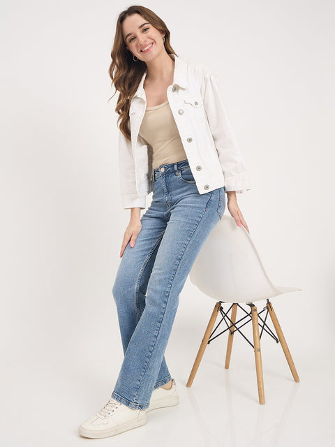 Madame Light Blue Cotton Flared Double Wash Jeans