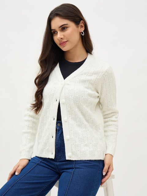 Madame White Self Design Cardigan