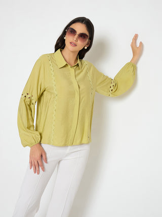 Madame Puff Sleeve Pear Green Rayon Blend Shirt
