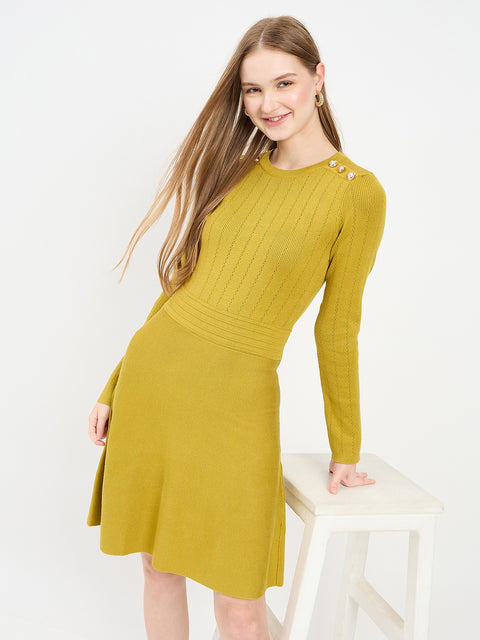 Madame Embellished Fit and Flare Green Knit Dress