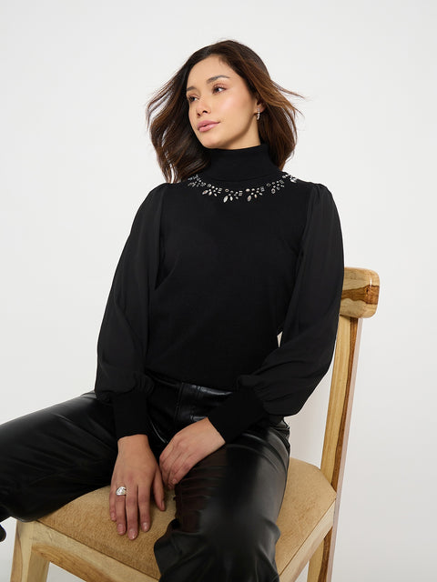 Madame Embroidered Solid Sweater with High Neck and Puff Sleeves