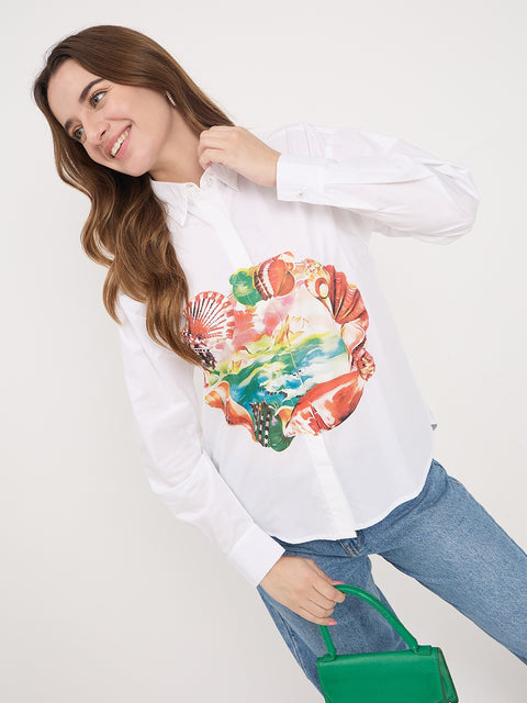 Madame White Graphic Print Cotton Full Sleeve Shirt
