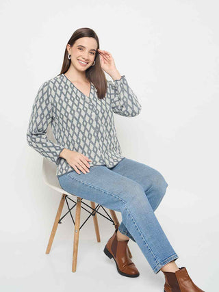 Madame Geometric Print Button Up Off White Cardigan