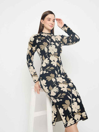 Madame Floral Print Black Knitted Midi Dress