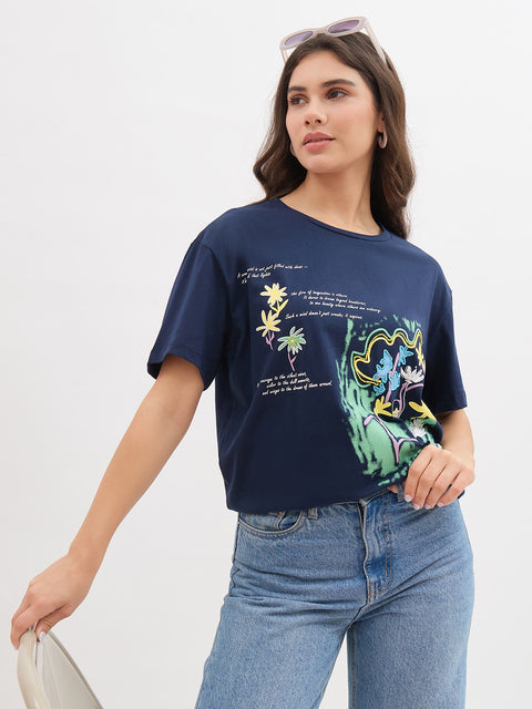 Madame Navy Graphic Print Cotton Half Sleeve T-Shirt