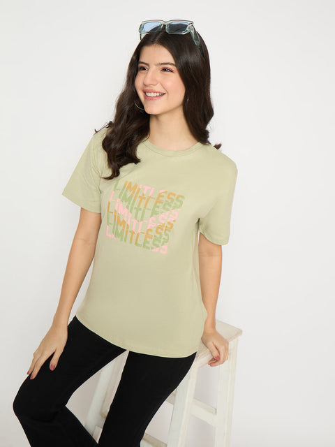 Madame Printed Pear Green Cotton T-shirt