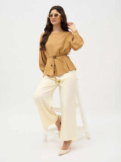 Madame Butter Yellow Solid Trousers With Side Zipper