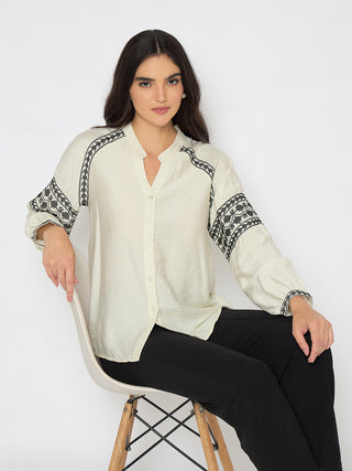 Madame Embroidered Off White Rayon Blend Top
