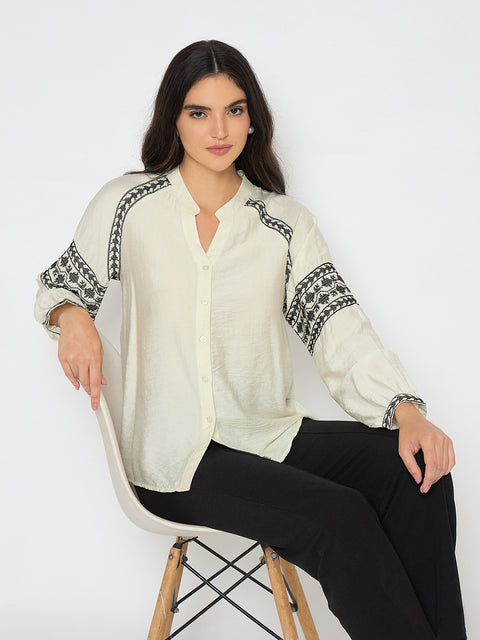 Madame Embroidered Off White Rayon Blend Top