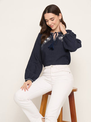 Madame Embroidered Tencel Blend Blue Top