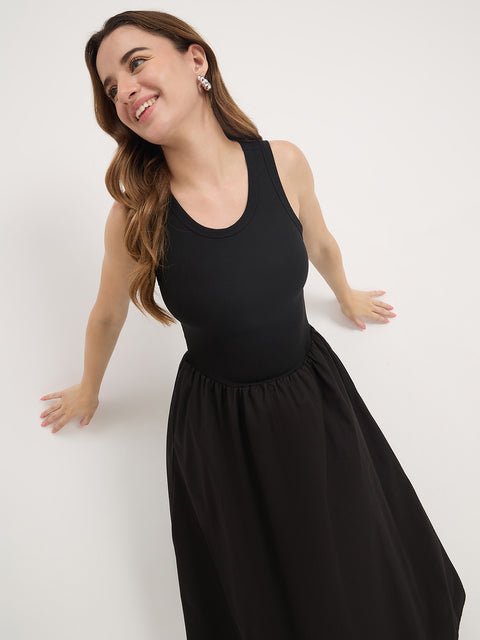 Madame Black Cotton Sleeveless Fit and Flare Maxi Dress