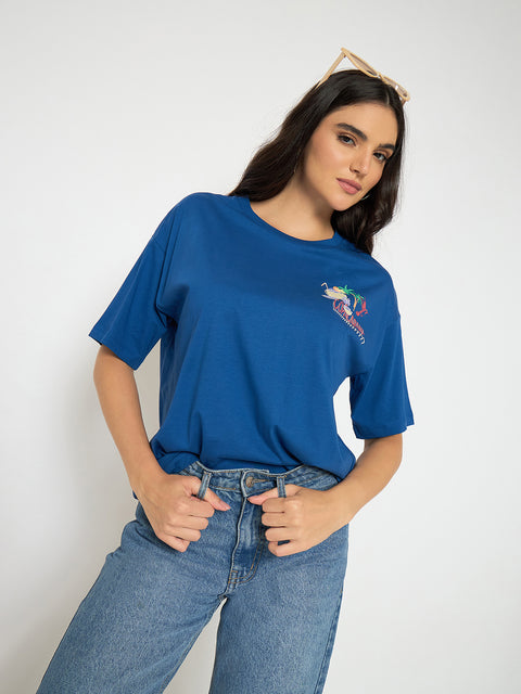 Madame Graphic Adorned Royal Blue Cotton T-Shirt
