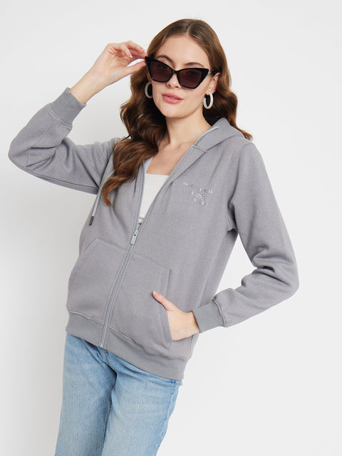 Madame Solid Grey Hooded Sweatshirt