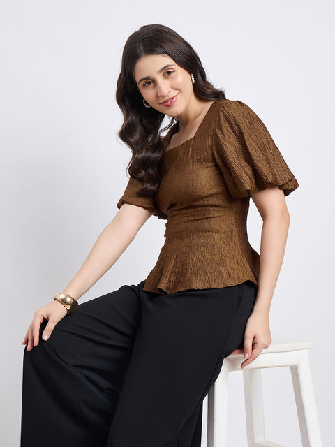 Madame Textured Olive Puff Sleeve Top